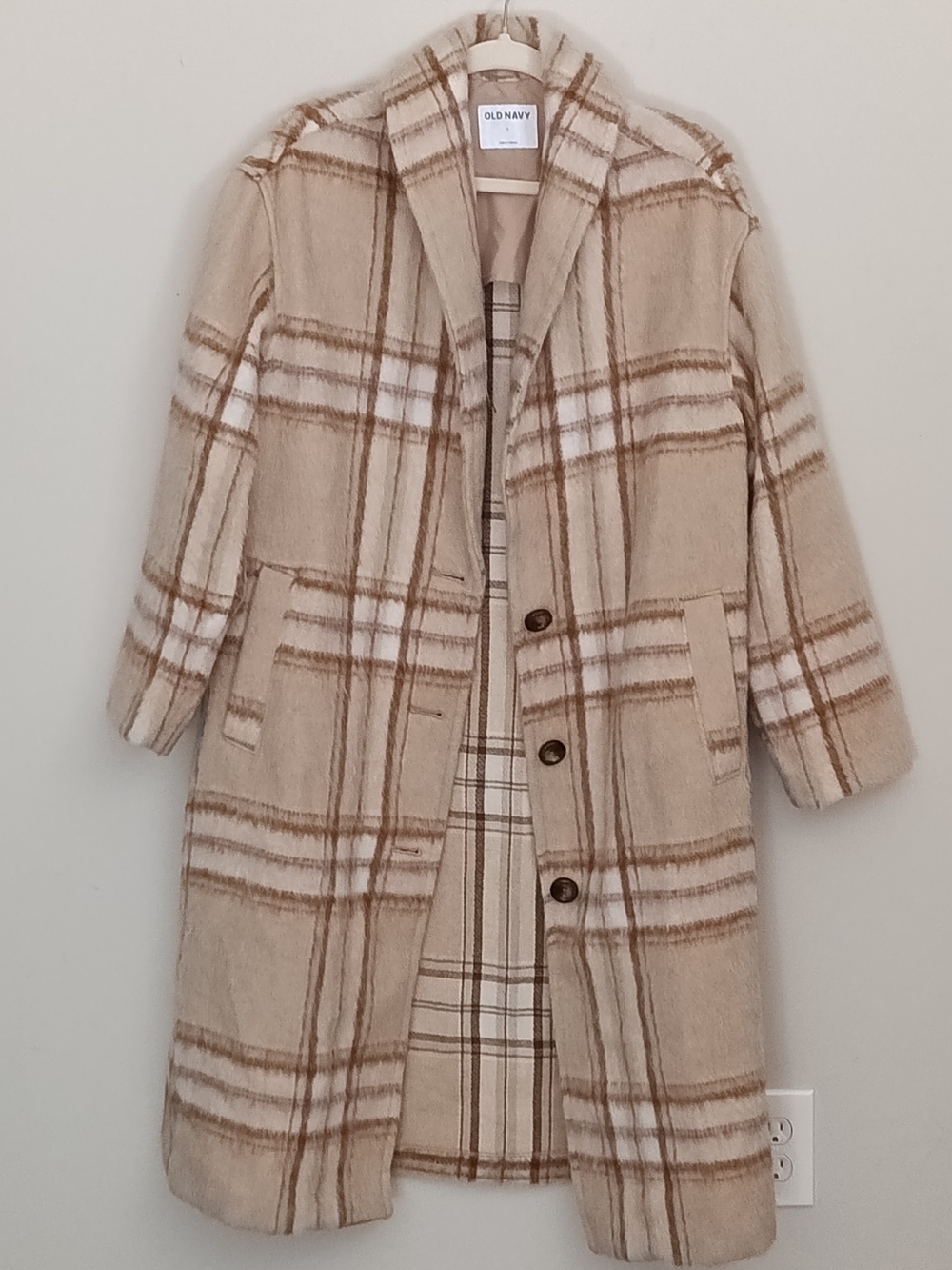 Old Navy Wool Blend Brown Beige Plaid Shawl Collar Long Coat Women's XL